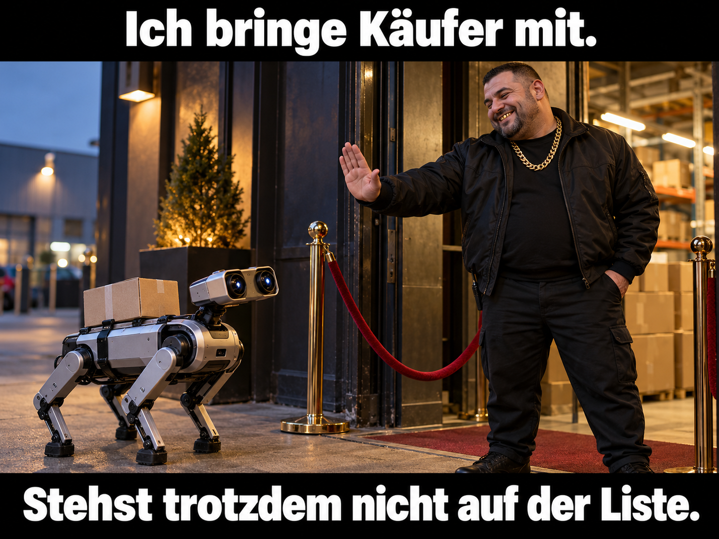 Ein Türsteher mit Goldkette und Goldzähnen verweigert einem Crawler-Roboter den Zutritt, obwohl dieser Käufer mitbringt.