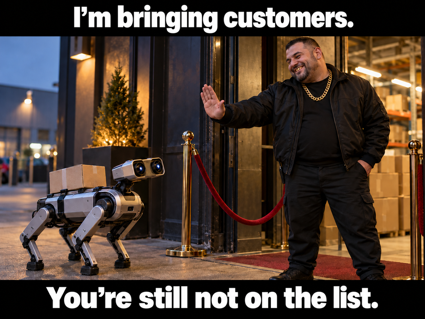 A bouncer with a gold chain and gold teeth refuses entry to a crawler robot, despite the robot bringing customers.