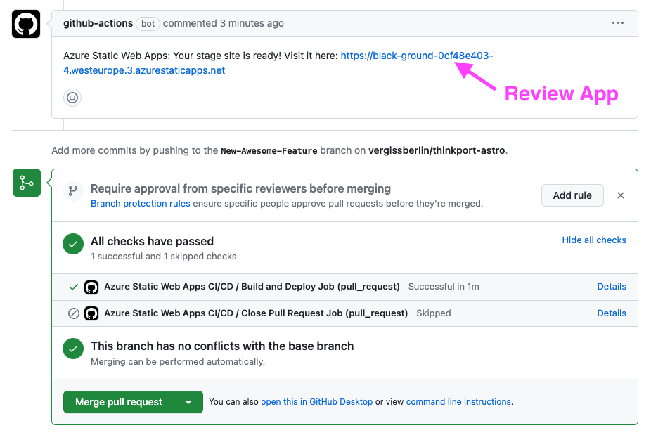 Review app linked in a GitHub pull request
