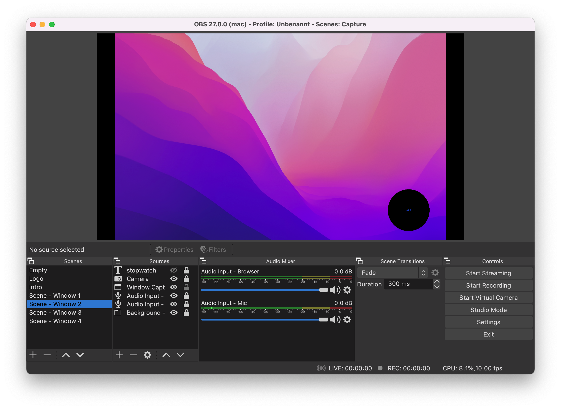 OBS Studio on macOS set up for recording a coding battle with scenes, sources and audio mixer panels