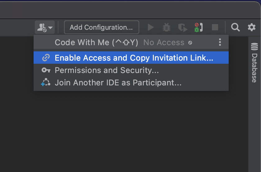 Code With Me dropdown menu in a JetBrains IDE with Enable Access and Copy Invitation Link highlighted