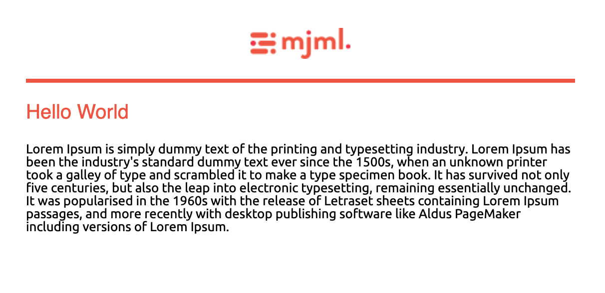 MJML example email with Hello World heading and Lorem Ipsum body text